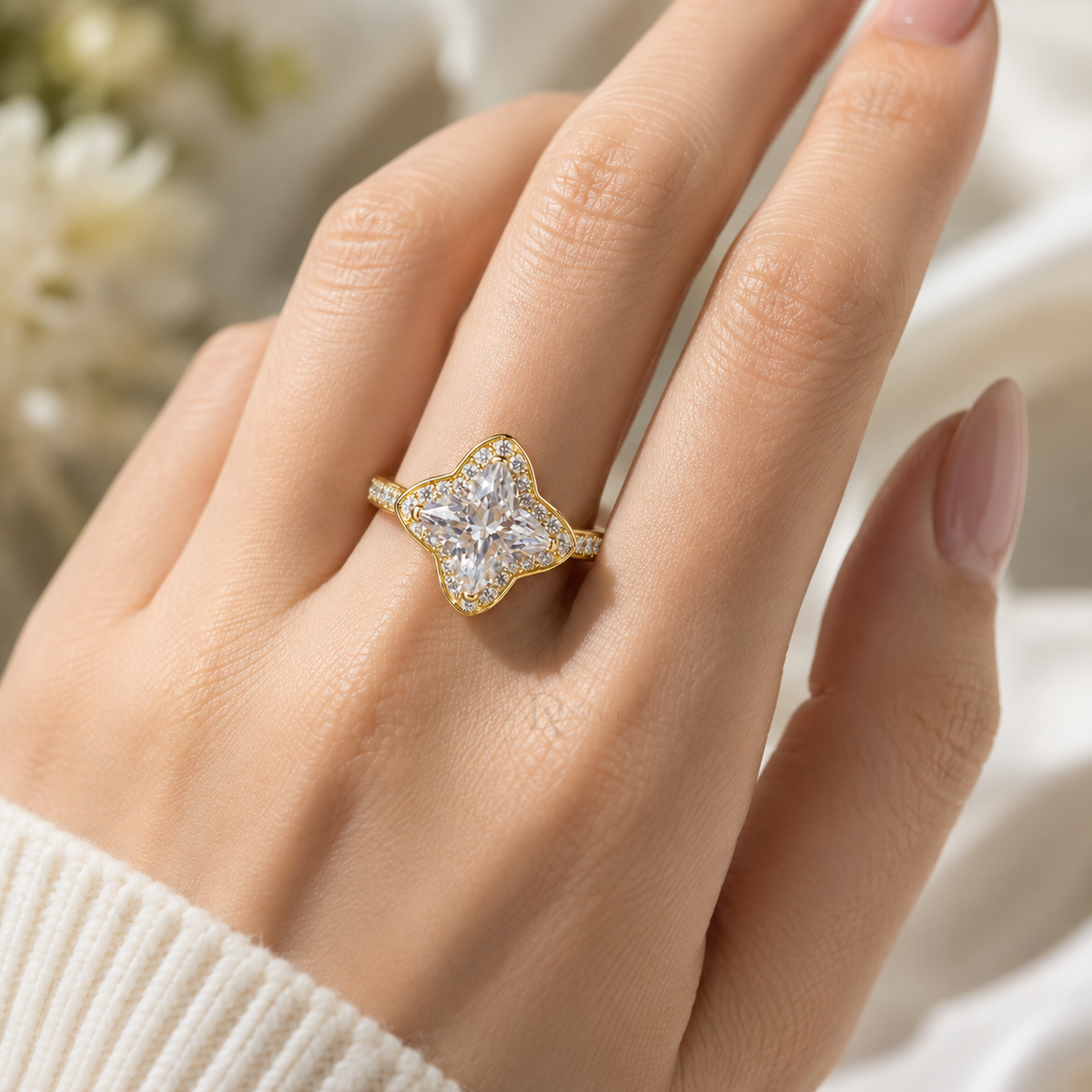 Bloomé Ring | 2ct Bloom-Cut Moissanite Halo Pavé Ring | 14k Gold Vermeil