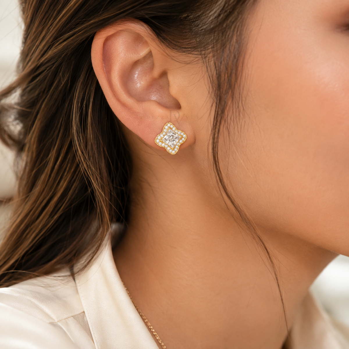 Bloomé Earrings | 2.4ct Bloom-Cut Moissanite Halo Earrings | 14k Gold Vermeil
