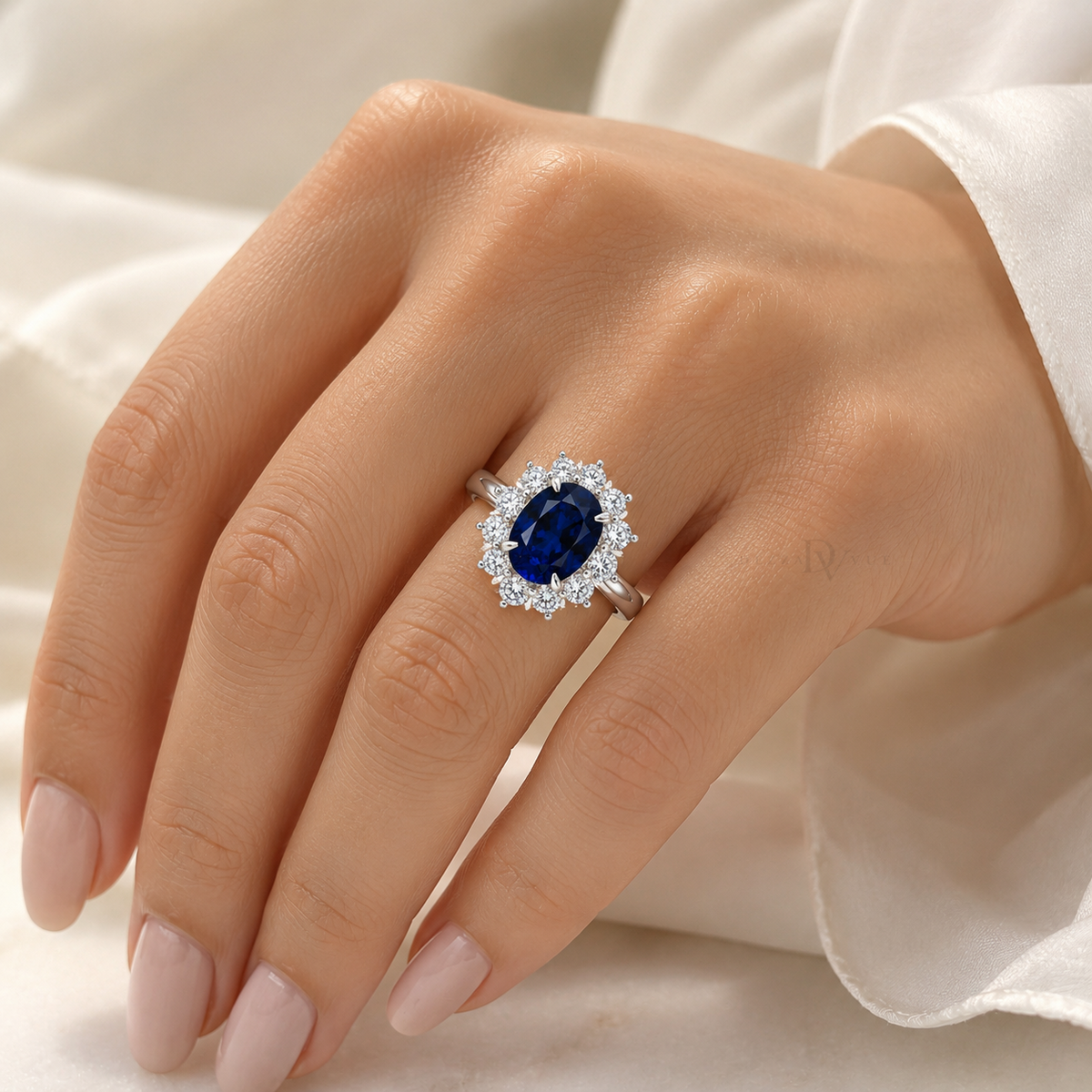 Diana Ring | 3.5ct Sapphire with Moissanite Halo Ring | Sterling Silver