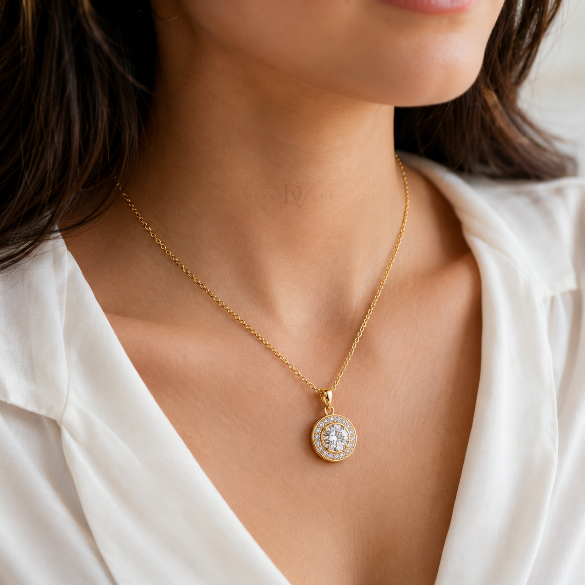 Halo Royale Necklace | Moissanite Chanel-set Necklace | 14k Gold over Sterling Silver