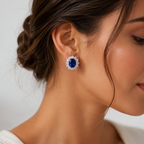 Diana Earrings | 4ctw Sapphire with Moissanite Halo Push Back Earrings | Sterling Silver