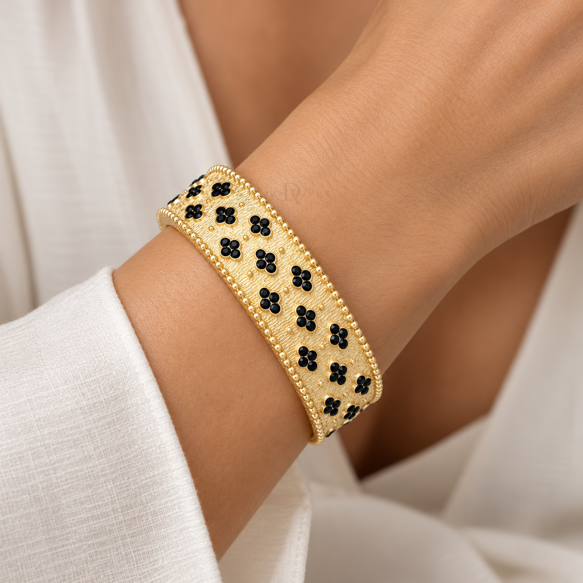 Noir Petite Fleur | Black Floral Wide Bangle