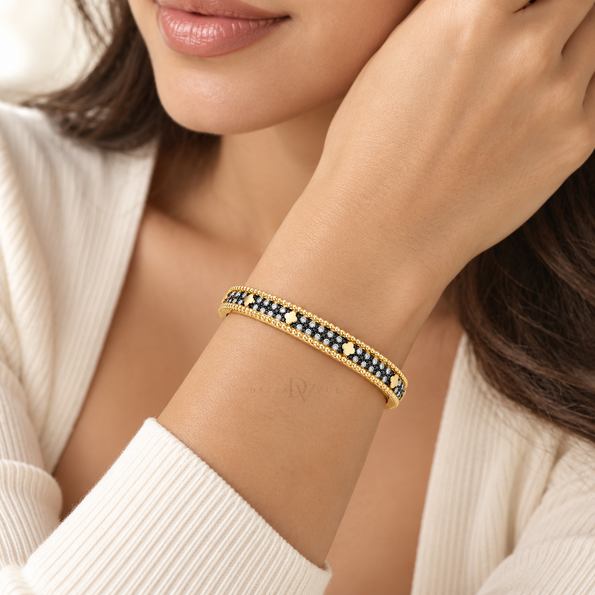 Noir Beaded | Black and Clear Pavé Bangle