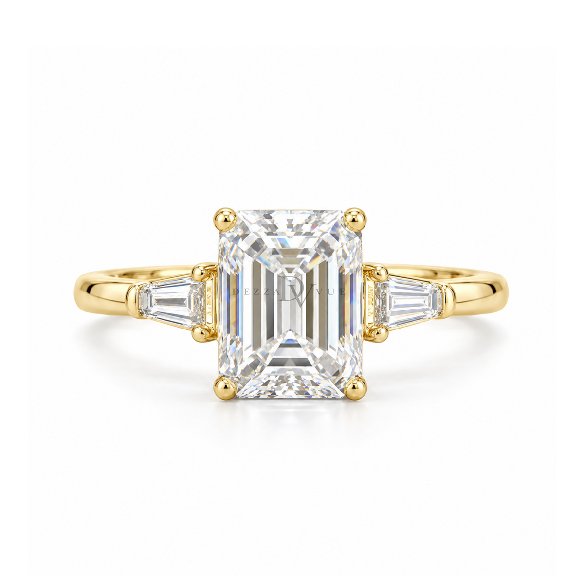 Dezza Vue Mmm(G12) ✨GODDEZZ✨ 5ctw Moissanite Tapered Baguette Three-stone Ring in Sterling Silver — logo on ring