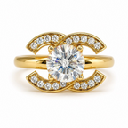Dezza Vue Mmm✨THE ICON RING✨ Moissanite Ring in 18k Gold over Sterling Silver — logo on ring