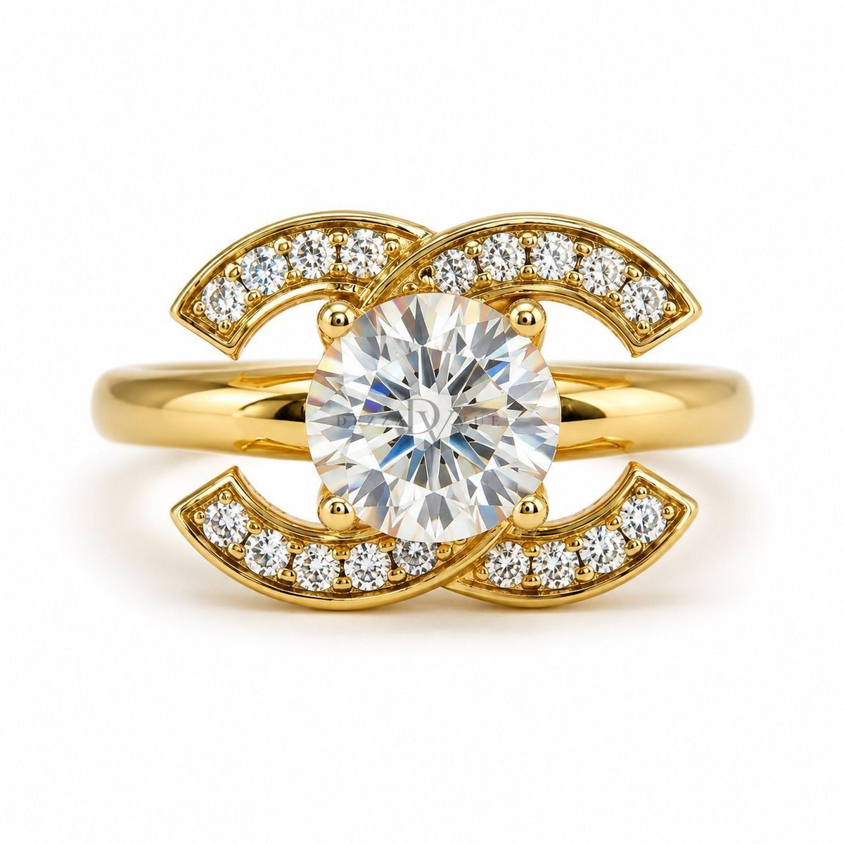 Dezza Vue Mmm✨THE ICON RING✨ Moissanite Ring in 18k Gold over Sterling Silver — logo on ring