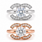 Dezza Vue Mmm✨THE ICON RING✨ Moissanite Ring in 18k Gold over Sterling Silver — logo on ring
