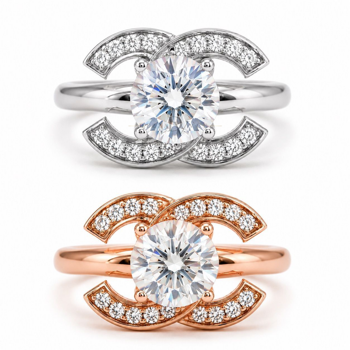 Dezza Vue Mmm✨THE ICON RING✨ Moissanite Ring in 18k Gold over Sterling Silver — logo on ring