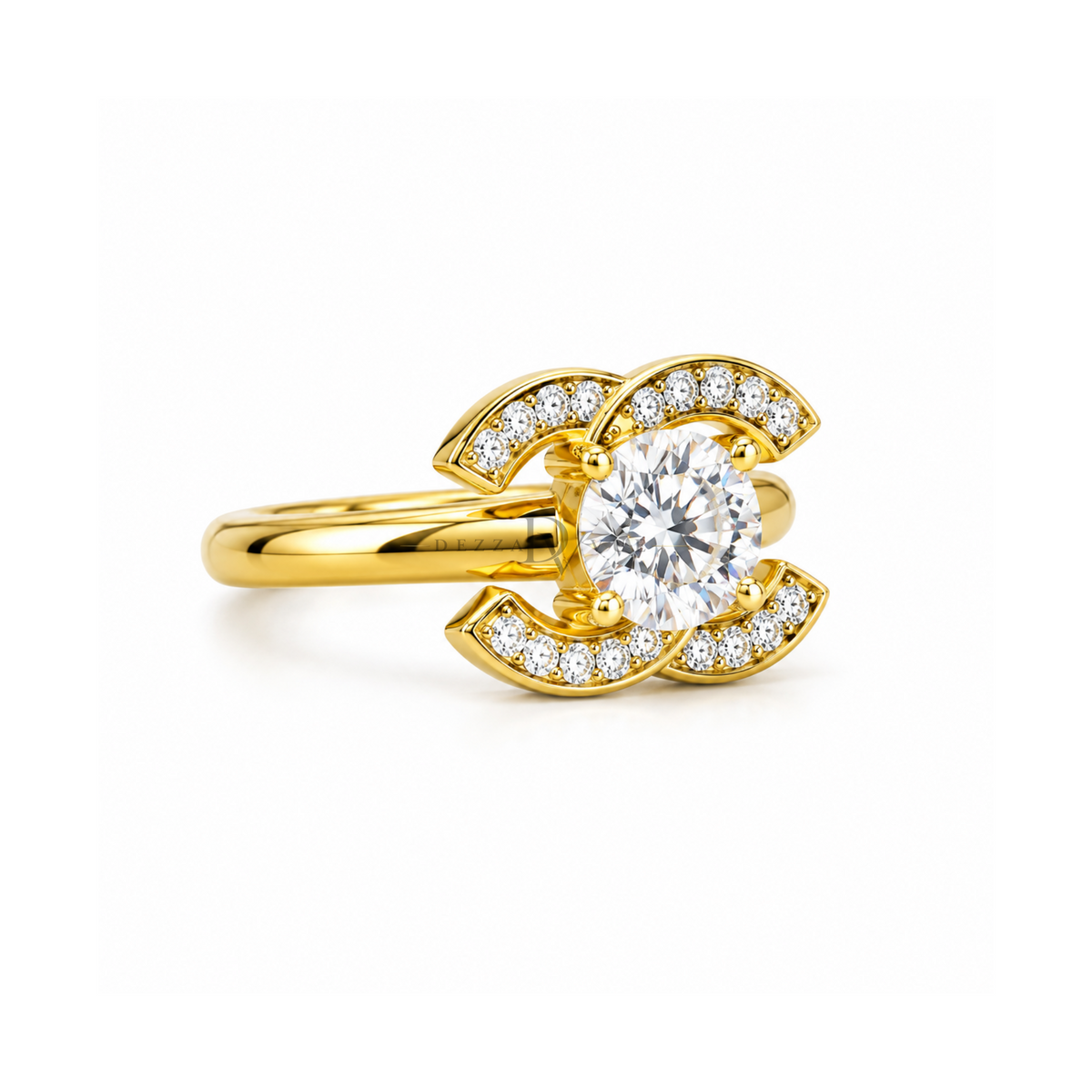 Dezza Vue Mmm✨THE ICON RING✨ Moissanite Ring in 18k Gold over Sterling Silver — logo on ring