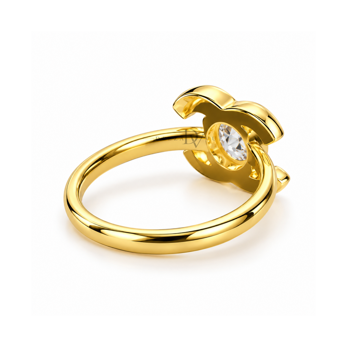 Dezza Vue Mmm✨THE ICON RING✨ Moissanite Ring in 18k Gold over Sterling Silver — logo on ring