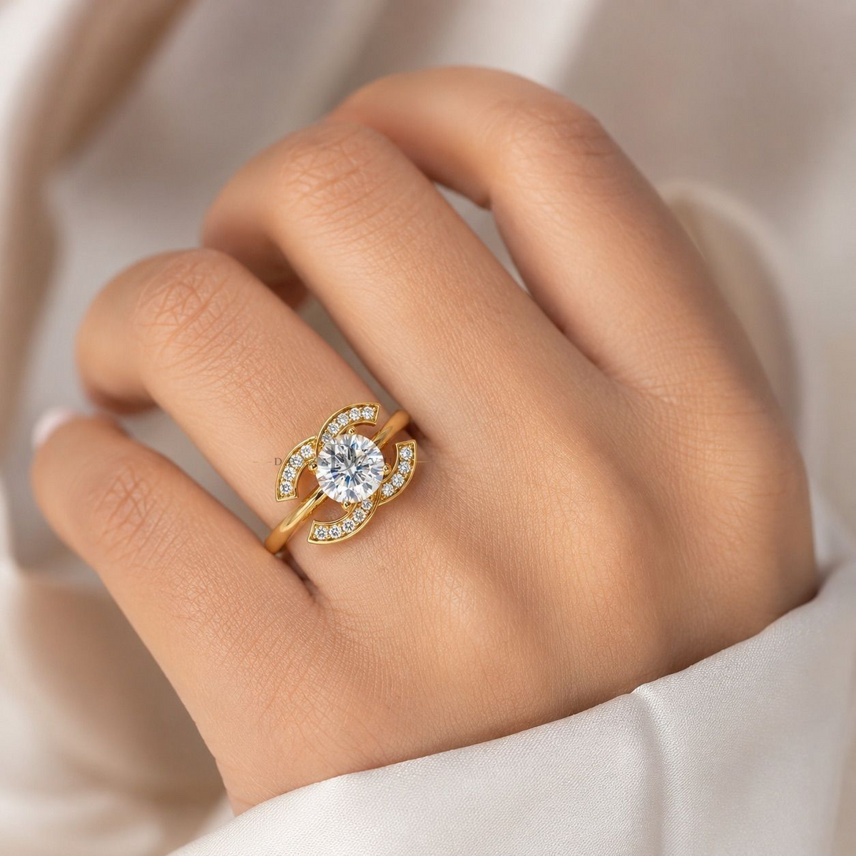 Dezza Vue Mmm✨THE ICON RING✨ Moissanite Ring in 18k Gold over Sterling Silver — logo on ring