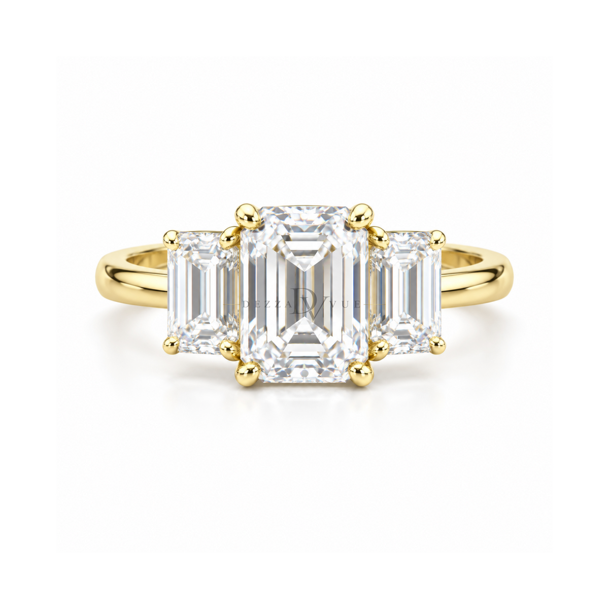 Dezza Vue Mmm(G23) ✨GODDEZZ✨ 3ctw Emerald Cut Moissanite Three-stone Ring in Sterling Silver — logo on ring