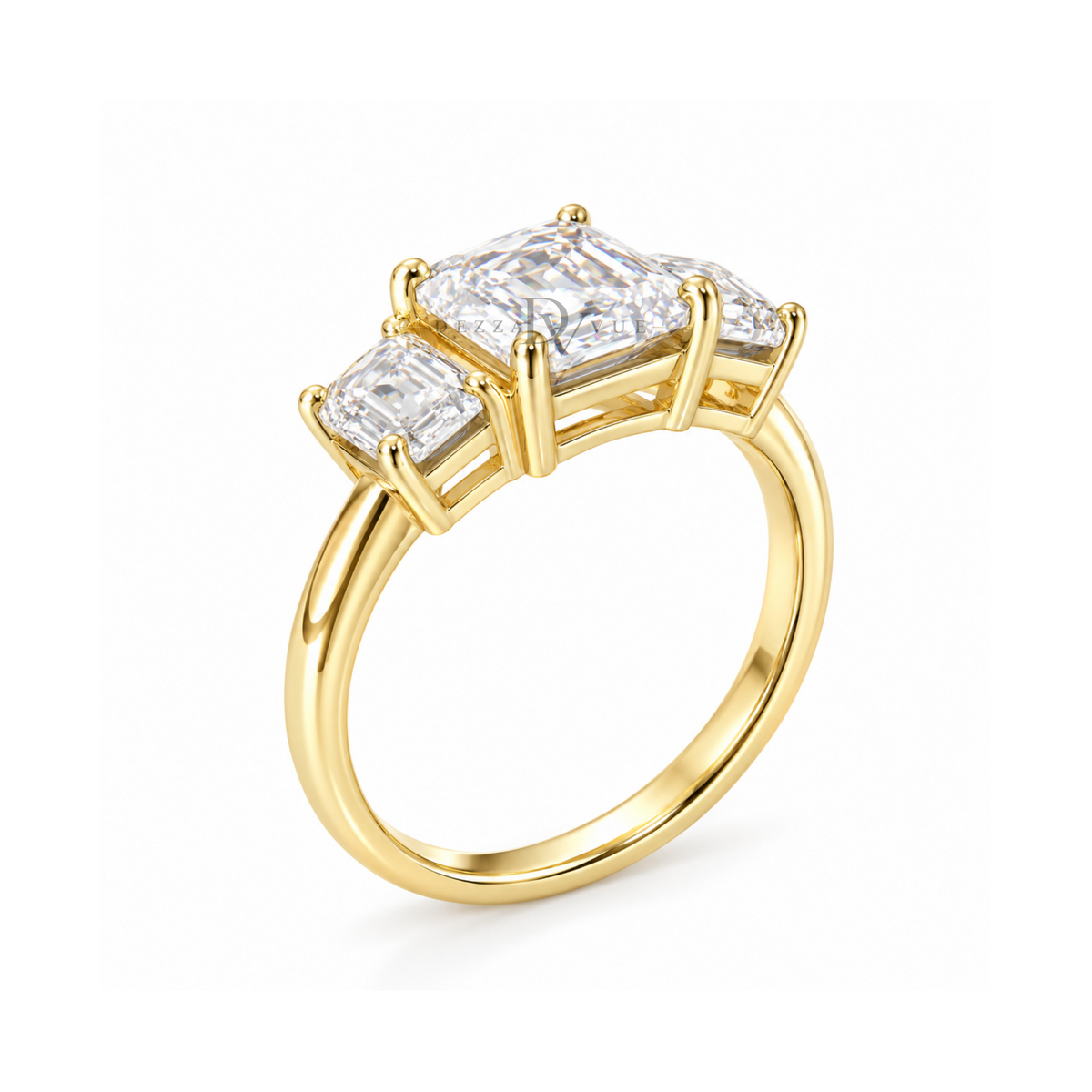 Dezza Vue Mmm(G23) ✨GODDEZZ✨ 3ctw Emerald Cut Moissanite Three-stone Ring in Sterling Silver — logo on ring