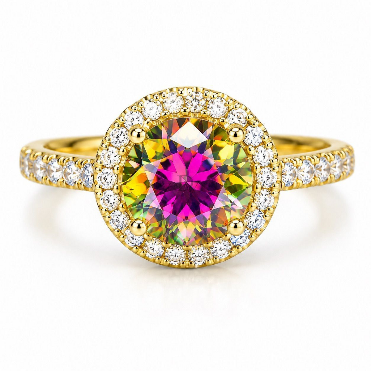 Dezza Vue Mmm✨AURORA RADIANCE✨ 2.98ctw Iridescent Moissanite Halo Pavé Ring in Sterling Silver — logo on ring