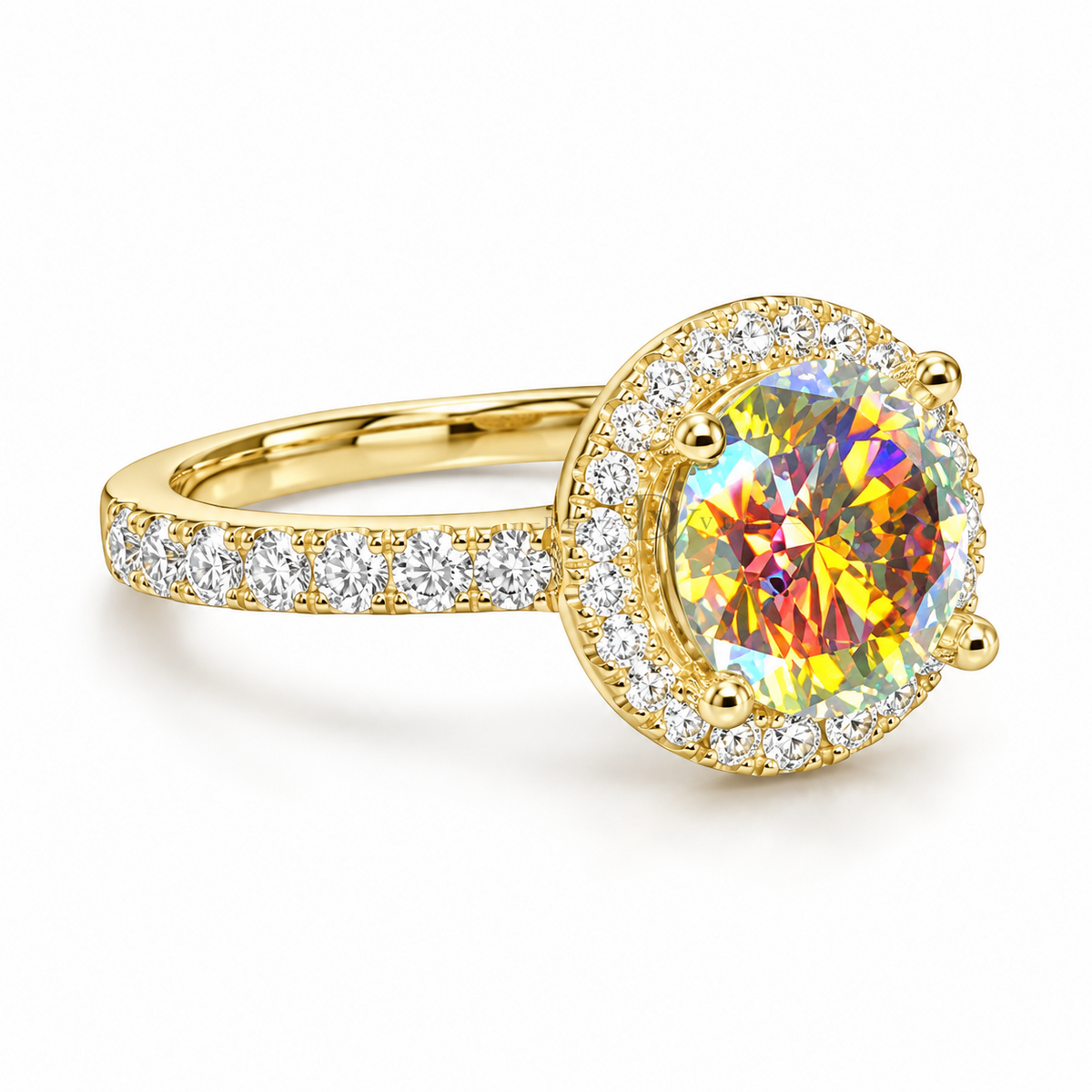 Dezza Vue Mmm✨AURORA RADIANCE✨ 2.98ctw Iridescent Moissanite Halo Pavé Ring in Sterling Silver — logo on ring
