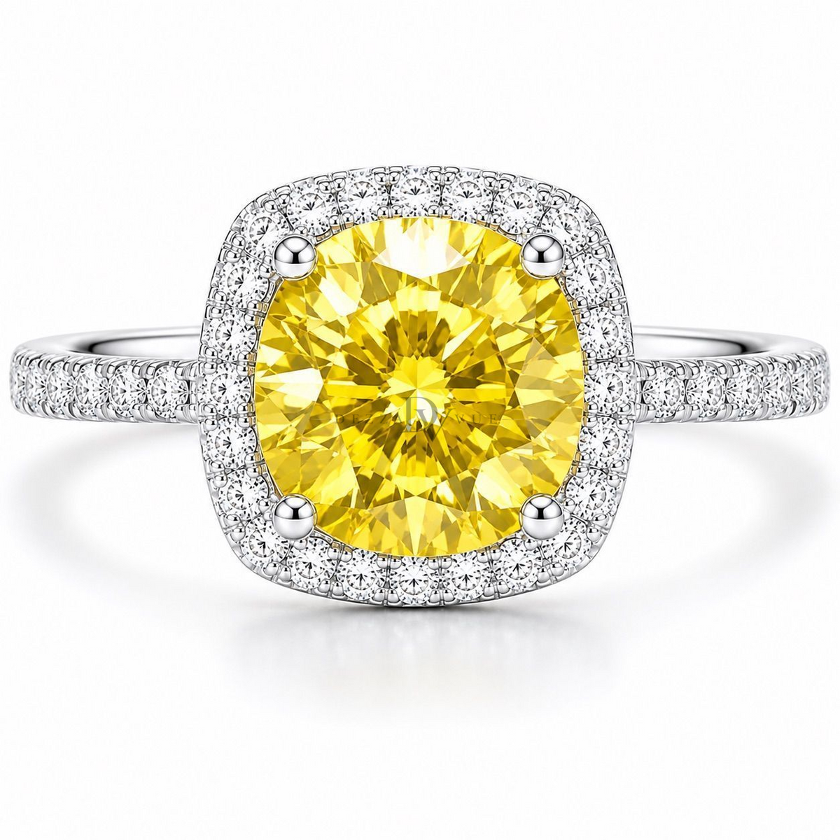Dezza Vue Mmm.G27✨GOLDEN RADIANCE✨ 2.96ctw Moissanite Halo Pavé Ring in Sterling Silver — logo on ring