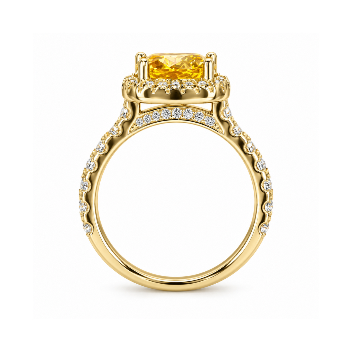 Dezza Vue Mmm.G27✨GOLDEN RADIANCE✨ 2.96ctw Moissanite Halo Pavé Ring in Sterling Silver — logo on ring