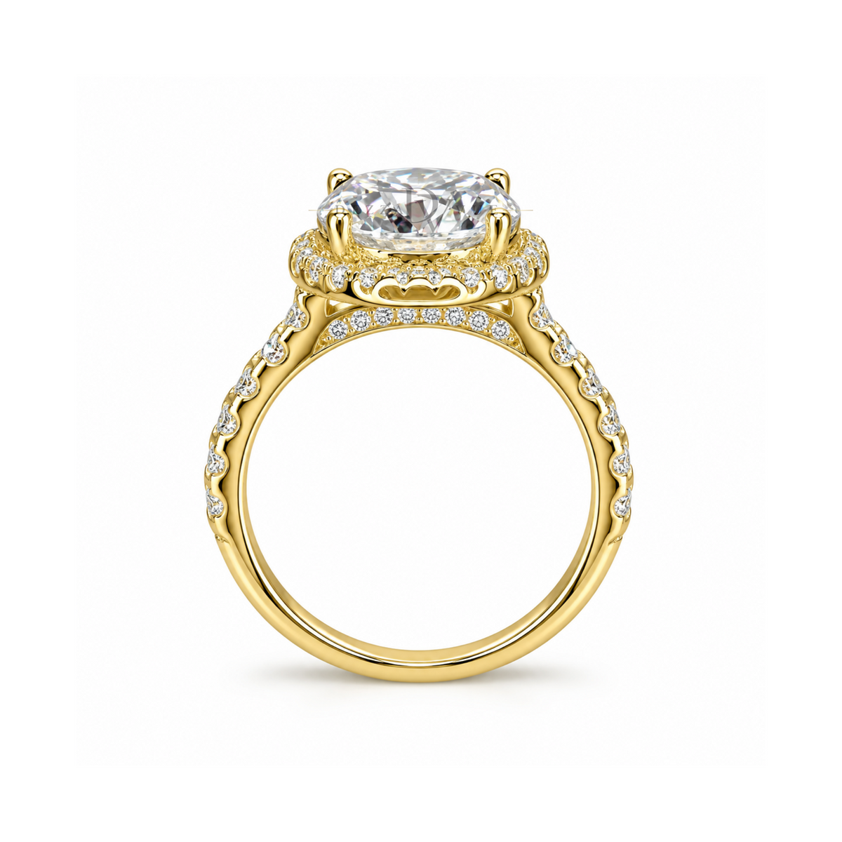 Dezza Vue Mmm(G6)✨GODDEZZ✨ "HALO NOVA" 4.06ctw Moissanite Halo Pavé Ring in Sterling Silver — logo on ring