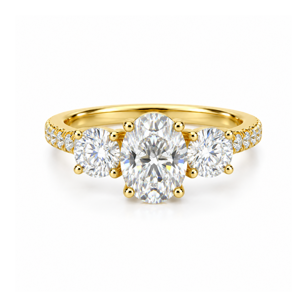 Dezza Vue Mmm(G20)✨GODDEZZ✨"EVERGLOW" 3.68ctw Moissanite w/ Hidden Halo Three-stone Pave Ring in Sterling Silver — logo on ring
