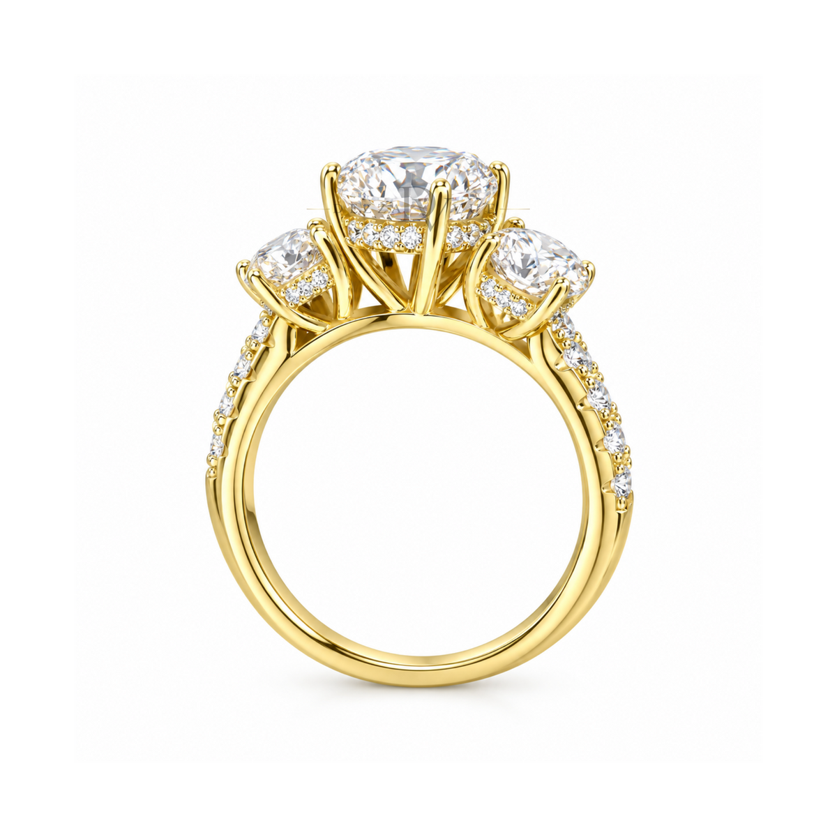Dezza Vue Mmm(G20)✨GODDEZZ✨"EVERGLOW" 3.68ctw Moissanite w/ Hidden Halo Three-stone Pave Ring in Sterling Silver — logo on ring