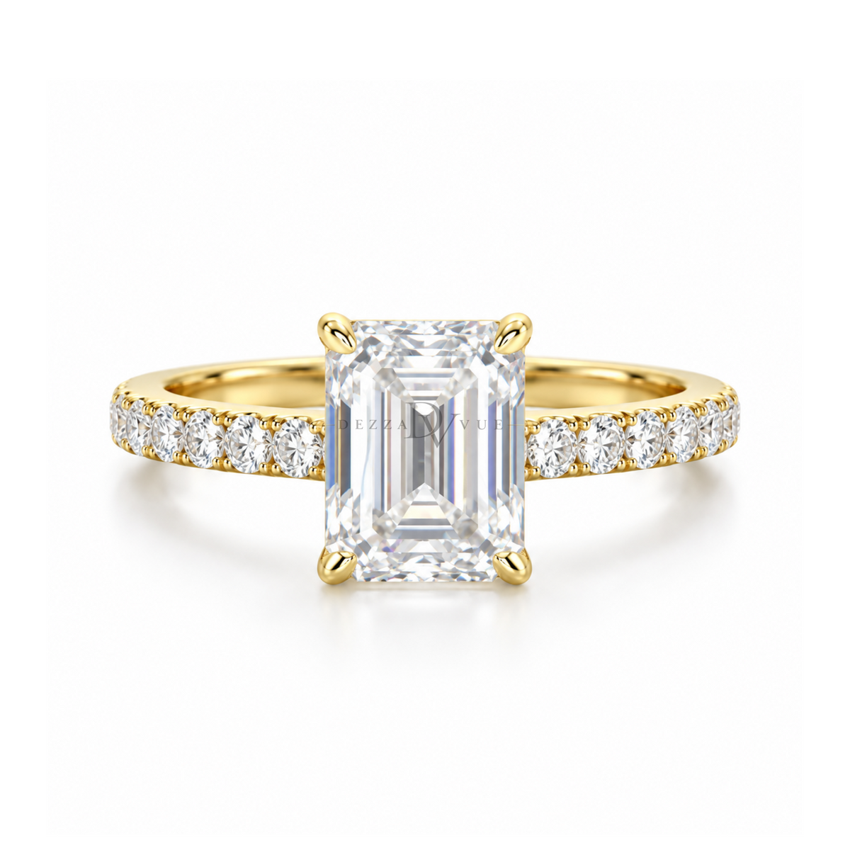 Dezza Vue Mmm(G15)✨GODDEZZ✨ 3.42ctw Emerald Cut Moissanite Pavé Engagement Ring in Sterling Silver — logo on ring