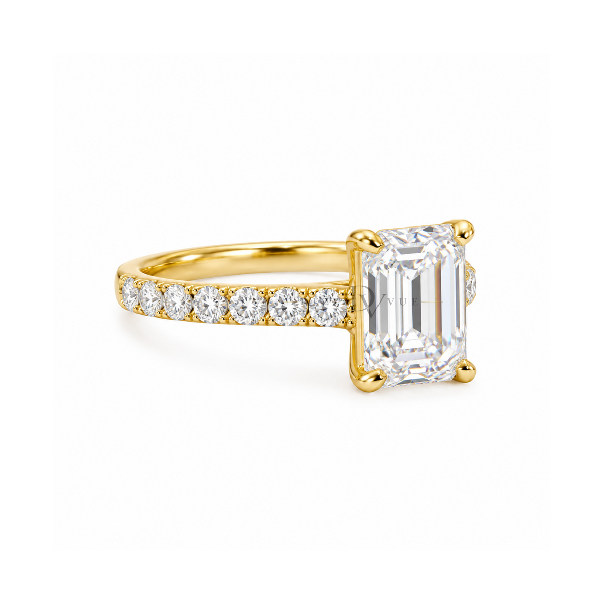Dezza Vue Mmm(G15)✨GODDEZZ✨ 3.42ctw Emerald Cut Moissanite Pavé Engagement Ring in Sterling Silver — logo on ring