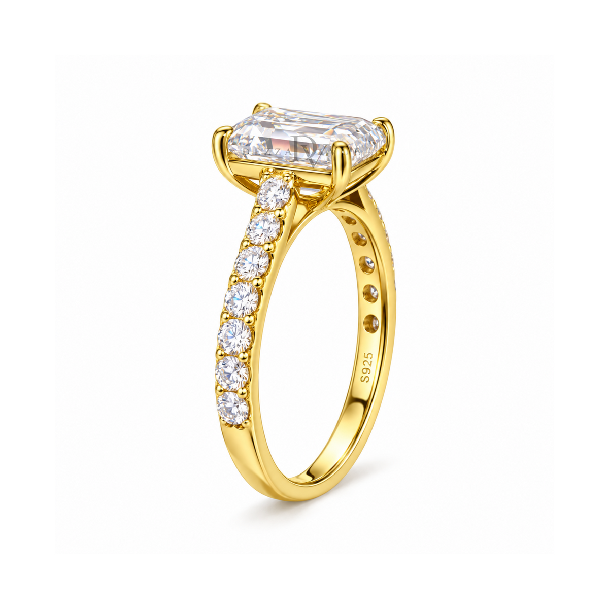Dezza Vue Mmm(G15)✨GODDEZZ✨ 3.42ctw Emerald Cut Moissanite Pavé Engagement Ring in Sterling Silver — logo on ring