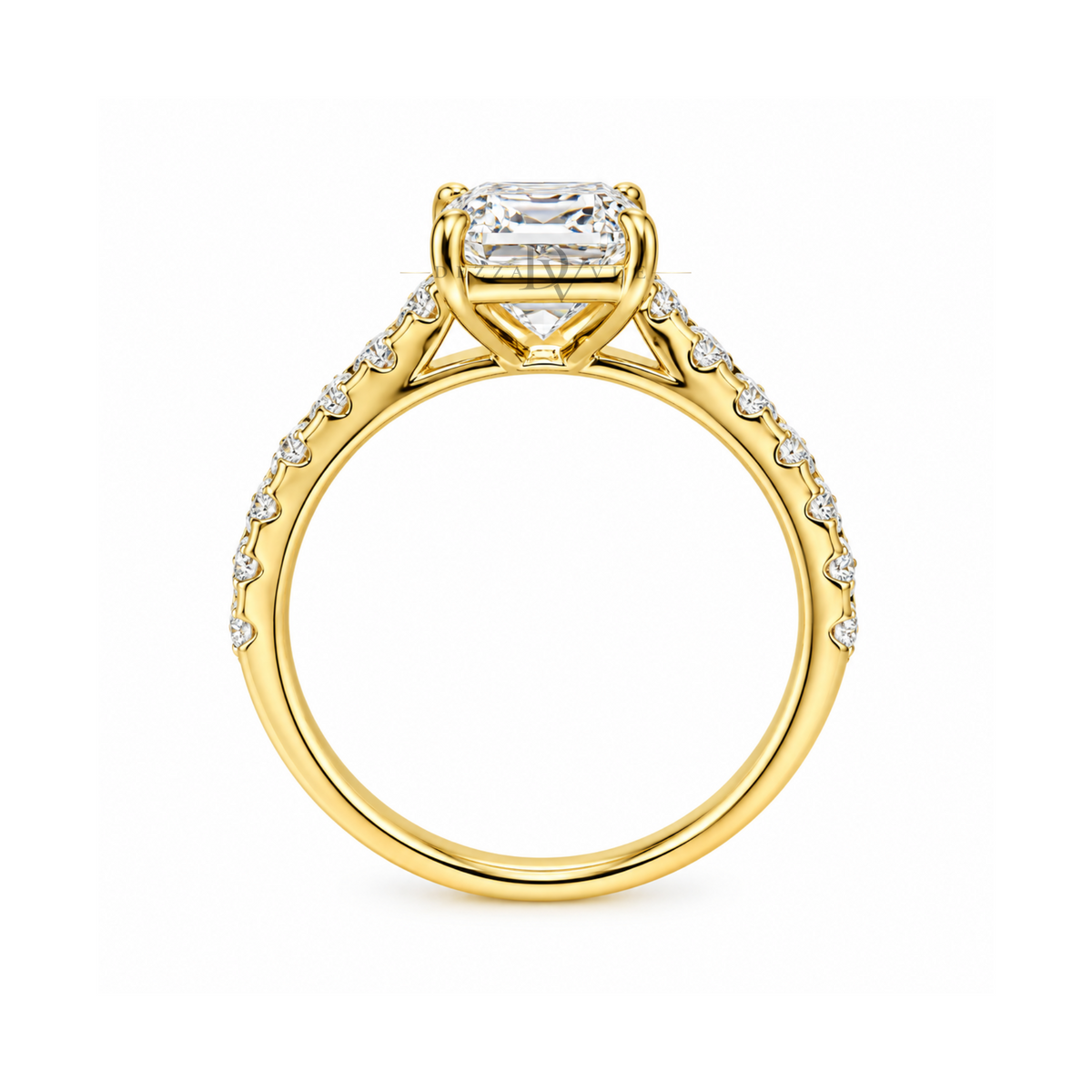 Dezza Vue Mmm(G15)✨GODDEZZ✨ 3.42ctw Emerald Cut Moissanite Pavé Engagement Ring in Sterling Silver — logo on ring