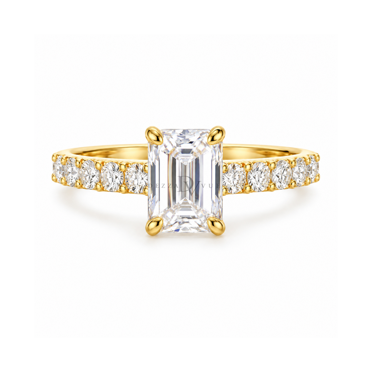 Dezza Vue Mmm(G25)✨GODDEZZ✨1.42ctw Emerald Cut Moissanite Pavé Engagement Ring in Sterling Silver — logo on ring