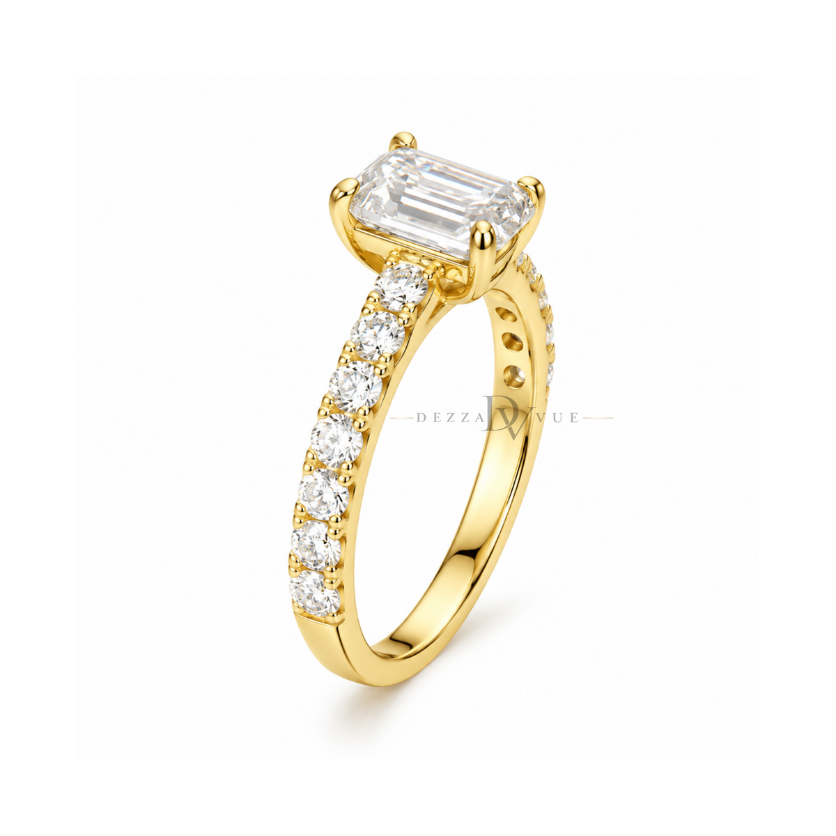 Dezza Vue Mmm(G25)✨GODDEZZ✨1.42ctw Emerald Cut Moissanite Pavé Engagement Ring in Sterling Silver — logo on ring